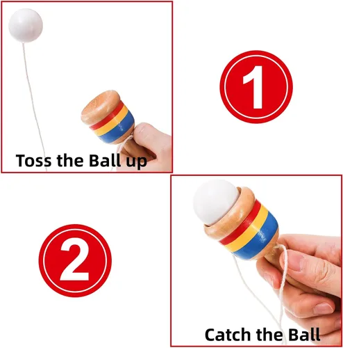 Miniatura 5 de Cididu Juego de 12 pelotas de madera para atrapar, mini pelota de madera con taza de cuerda, juguetes vintage para niños, novedosos juegos de fiesta
