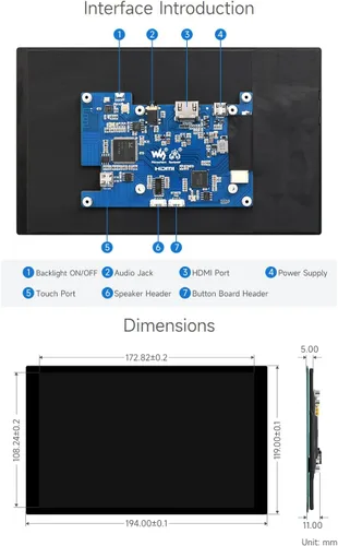 Miniatura 6 de Waveshare Pantalla LCD IPS táctil capacitiva de 8 pulgadas, sin carcasa trasera, resolución 1280×800, interfaz HDMI, compatible con Raspberry Pi