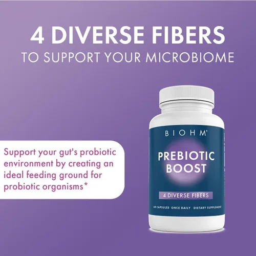 Miniatura 3 de BIOHM Paquete de prebióticos y probióticos para mujeres, suplemento de fibra con inulina y pectina de manzana en polvo, 60 cápsulas con probióticos
