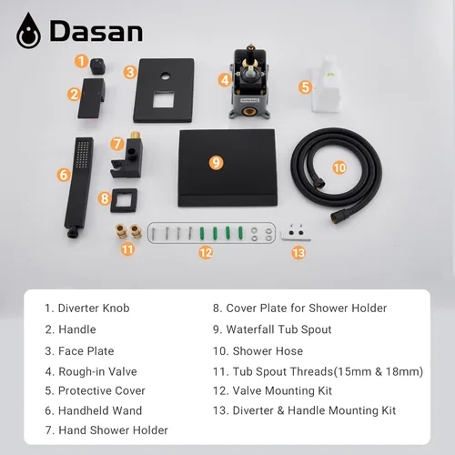 Miniatura 8 de DASAN - Grifo de llenado de bañera de montaje en pared mejorado con ducha de mano, grifo de bañera moderno montado en la pared negro mate de alto