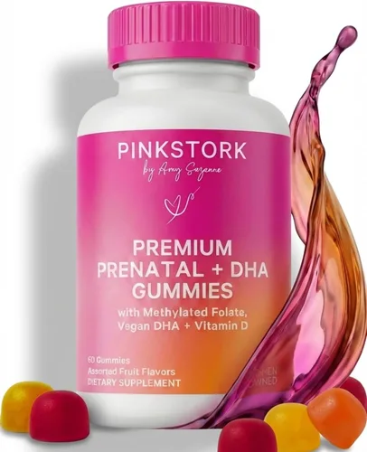 Pink Stork Vitaminas gomosas prenatales prémium | Algas veganas DHA + folato metilado + metilcobalamina | Apto para MTHFR | Sin hierro | Sin regusto