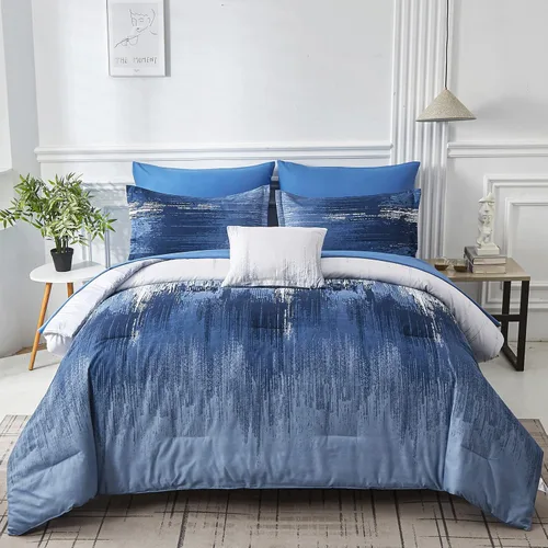 Juego de edredón azul degradado, tamaño Queen, reversible, azul degradado, gris, bohemio, para hombres y mujeres, juego de cama de 8 piezas en una