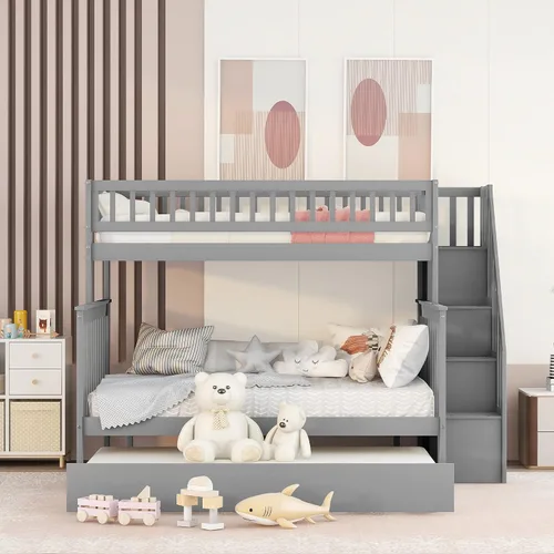 Miniatura 3 de Harper & Bright Designs Literas de tamaño individual sobre matrimonial, litera con escaleras y nido, literas de madera con estante de almacenamiento