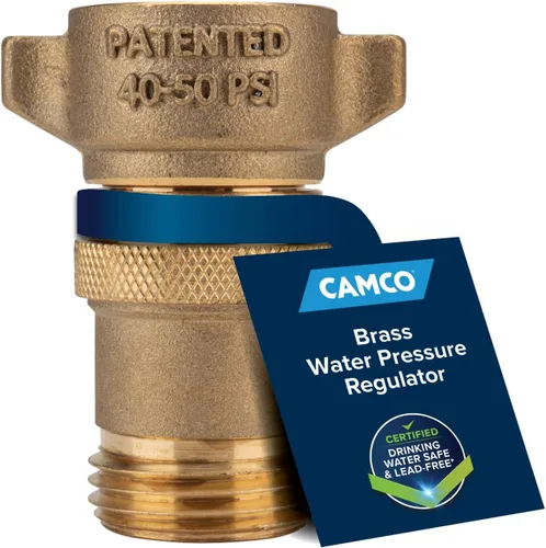 Regulador de presión de agua de latón Camco para marina/RV – Protege los pequeños electrodomésticos de la cocina de RV, fontanería y mangueras –