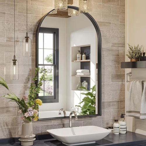 Miniatura 11 de Brightify - Espejo arqueado dorado de 24 x 32 pulgadas, espejo de pared con marco de metal de latón para baño, espejo arqueado superior para tocador