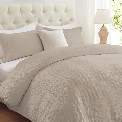 Miniatura 17 de Cozyide Beige Queen Duvet Cover Set, 3 Pieces Soft Seersucker Queen Size Duvet Cover with Zipper Closure and Corner Ties, 90"x90" Duvet Cover with 2