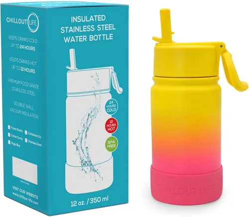 CHILLOUT LIFE Botella de agua aislada para niños de 12 onzas para la escuela con tapa con pajilla, a prueba de fugas y bonitas calcomanías Nectarina