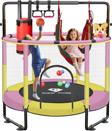 Miniatura 9 de Trampolín de 55 pulgadas para interiores y exteriores para niños con recinto, trampolín para niños pequeños con barra de gimnasia ajustable y Azul