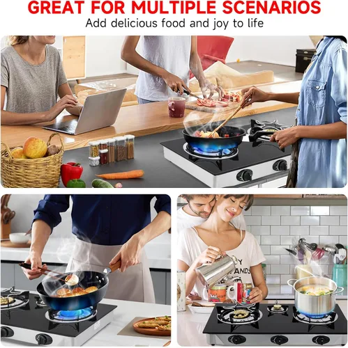 Miniatura 7 de Cocina de gas propano, estufa de gas de 3 quemadores portátil, vidrio templado de 0.28 pulgadas, encendido automático, 3 quemadores GLP para RV