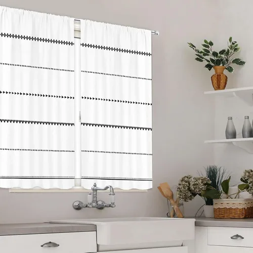 Miniatura 4 de MESHELLY Boho Kitchen Curtains 27.5Wx39H Inch Rod Pocket Black and White Modern Abstract Minimalist Geometric Tassels Chic Bedroom Window Drapes