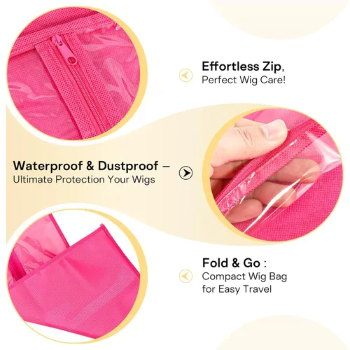 Miniatura 3 de VARIPOWDER 10 bolsas de almacenamiento para pelucas con colgador de extensiones de cabello para múltiples pelucas, bolsa de pelucas a prueba de Rosa