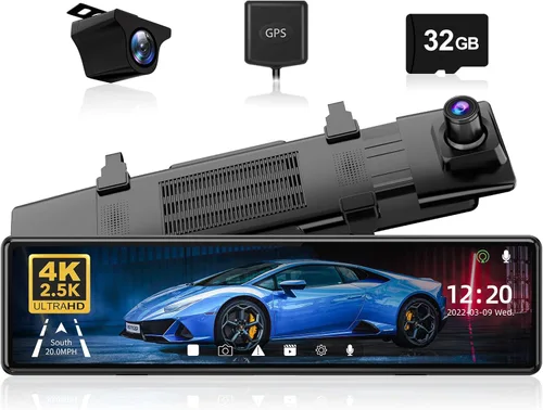 REDTIGER Cámara de espejo T27 frontal y trasera, cámara de espejo retrovisor 4K+2.5K, pantalla táctil UHD de 11 pulgadas, cámara de respaldo para