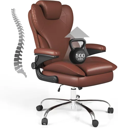 Silla de escritorio de oficina, silla de oficina ejecutiva de cuero, silla de escritorio ergonómica de respaldo alto con brazos abatibles Marrón