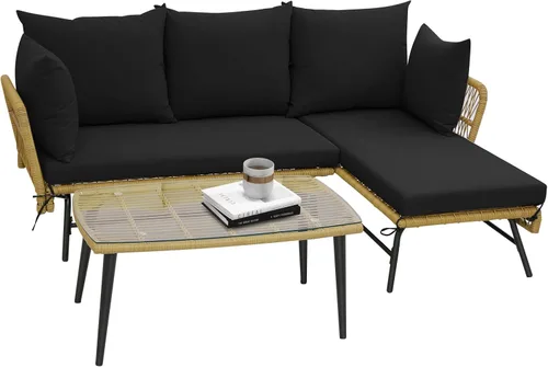 Tangkula Juego de muebles de mimbre para exteriores, sofá de patio en forma de L de 3 piezas con cojines y mesa de vidrio templado, marco de metal