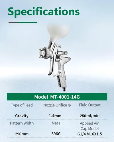 Miniatura 2 de meite Boquilla de 0.06 pulgadas, 30 PSI de alimentación por gravedad, diseño HVLP, pistola de pulverización de aire profesional - MT-4001-14G