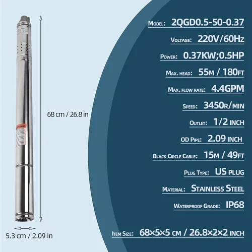 Miniatura 4 de Bomba sumergible de pozo profundo de 0.75 HP, 220 V/60 Hz, 4.8 GPM, cabeza de 206 pies, acero inoxidable con cable de 49 pies, bombas de agua