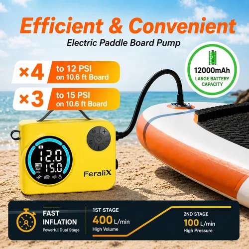 Miniatura 2 de Electric Paddle Board Pump, 20 PSI Rechargeable SUP Air Compressor with Auto Shut-Off, Dual Stage Inflation & Deflation for Paddleboards, Kayaks