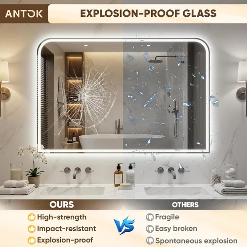 Miniatura 4 de Antok Espejo LED de baño, espejo LED con luces para baño, espejos de tocador iluminados para pared, antivaho, regulable, vidrio templado, función