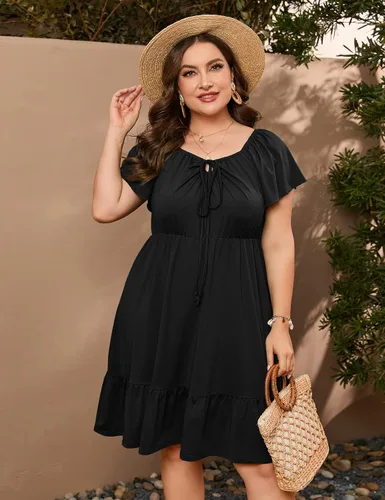Miniatura 2 de ShopWonder Vestidos hawaianos de talla grande para mujer, vestido de cuello cuadrado, manga corta, casual, acampanado, vestido de verano
