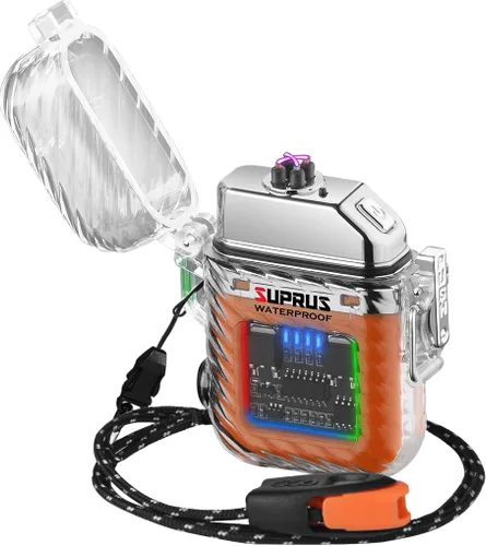 SUPRUS Luminoso 3 modos de linterna resistente al viento, impermeable, encendedor eléctrico recargable de plasma de doble arco con silbato de Naranja