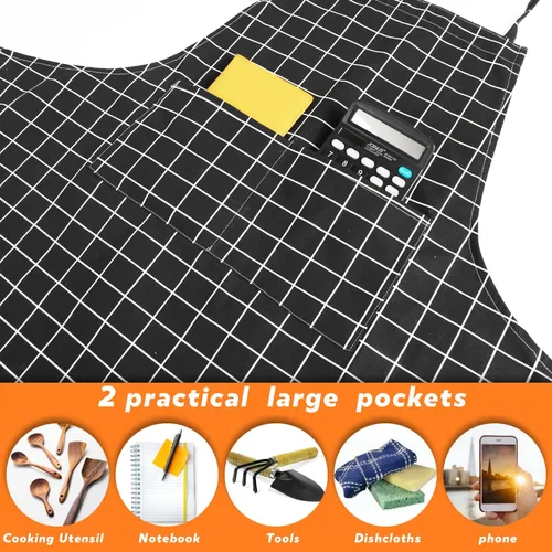 Miniatura 3 de Delantal de lona para mujer con 2 bolsillos, 39 x 38 pulgadas, delantales extra grandes XXL, A cuandros negros