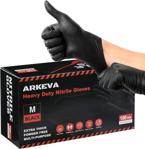ARKEVA Guantes desechables de nitrilo negro de 6 mil. Resistencia química, resistencia al desgarro, sin látex ni polvo