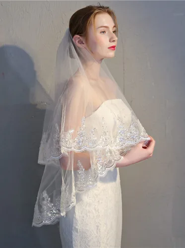 Miniatura 4 de JWICOS Elegante velo de novia de encaje para novias de 2 niveles, velo de novia de cristal con peine para despedida de soltera, boda, despedida