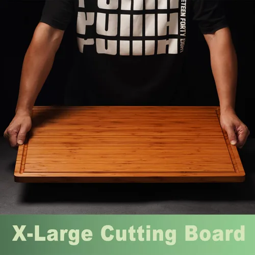 Miniatura 3 de Tablas de cortar de bambú de 24 x 18 pulgadas, bandeja para servir queso charcutería XXL con asas y ranuras para jugos, estructura sólida, delgada