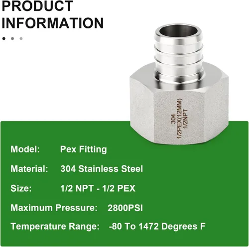 Miniatura 4 de TAISHER 2 accesorios Pex de acero inoxidable 304, 1/2 pulgada Pex x 1/2 pulgada NPT hembra, 1/2 pulgada Pex montaje con 2 abrazaderas de manguera