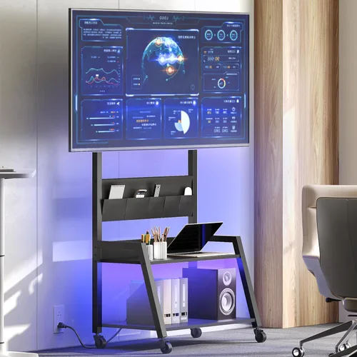 Miniatura 8 de YATINEY Soporte de TV móvil con toma de corriente, soporte de TV móvil con luz LED de hasta 55 pulgadas, carrito de TV con soporte, 5 bolsas de tela