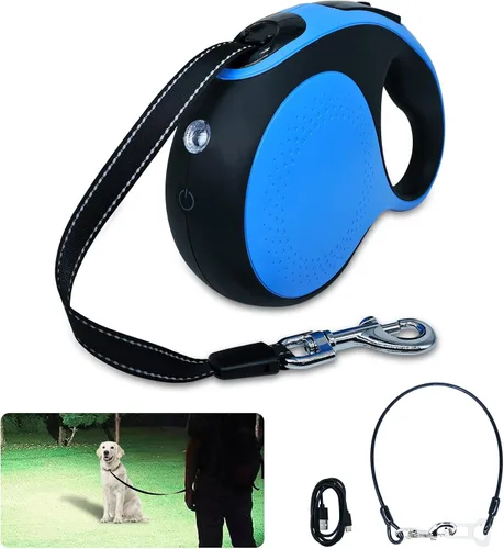 Correa retráctil para perro con luz LED recargable, correa de perro resistente de 16 pies para perros medianos y grandes de hasta 110 libras, 360°