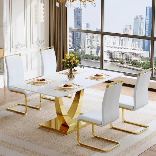 Miniatura 30 de Juego de mesa de comedor para 4, mesa de comedor de mármol sintético de 63 pulgadas con patas y base de acero inoxidable, sillas acolchadas