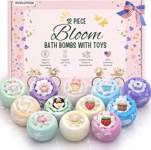 EvolutionUSA Juego de 12 bombas de baño Bloom con juguetes, adorable set de bombas de baño para niñas, bombas de baño burbujeantes para niños, bola