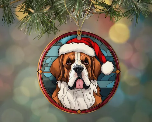 Adorno de cerámica de San Bernardo de Navidad, adorno colgante para árbol de Navidad, adorno de vitral de perro, adorno religioso para cristianos
