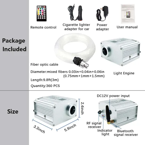 Miniatura 3 de Kit de Revestimiento de Techo Starlight de 10W Twinkle Star para Automóvil, 360 piezas*Mixtas*9.8 pies/3m Kit de Techo de Estrellas de Luz de Fibra