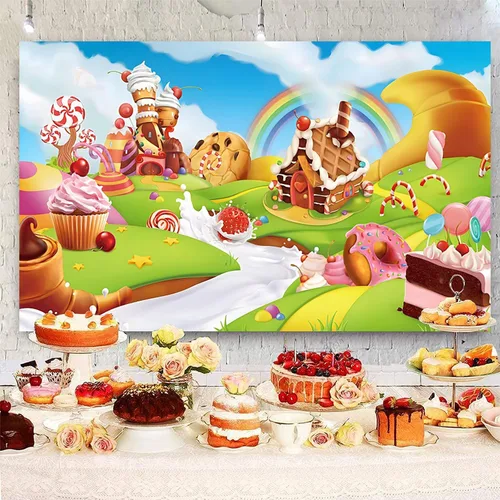 Miniatura 3 de Telón de fondo de caramelo de 5 x 3 pies de dibujos animados de caramelo arco iris dulce dona piruleta crema fotografía fondo bebé niñas fiesta