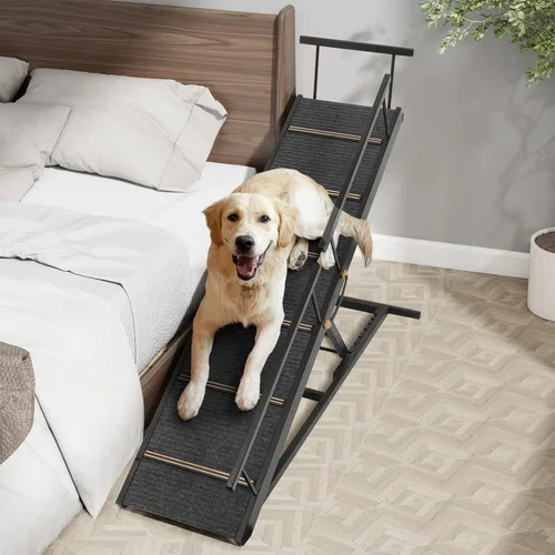 Miniatura 3 de Rampa para Mascotas Plegable Portátil de Madera para Perros y Gatos para Sofá o Cama, Incluye Alfombrilla Antideslizante y Rieles Laterales