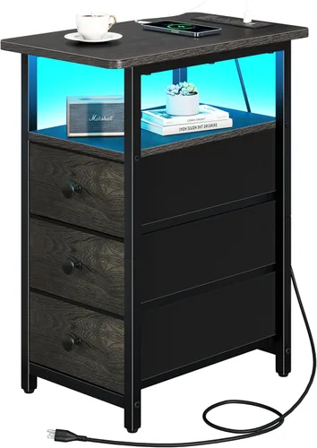 Miniatura 11 de Yoobure Mesa Auxiliar con Estación de Carga, Mesa Auxiliar Estrecha LED para Cama, Mesa Nocturna Pequeña para Sala de Estar, Mesita de Noche delgada