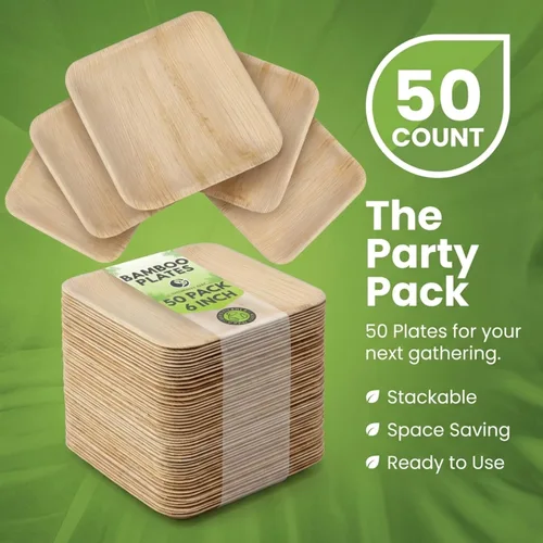 Miniatura 9 de Platos cuadrados de bambú desechables de 6 pulgadas, paquete de 50 unidades, platos biodegradables de postre de hoja de palma para aperitivos