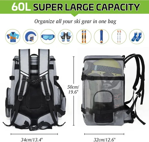 Miniatura 2 de Mochila para botas de esquí de 60 L, bolsa impermeable 900D para botas de snowboard, bolsa combinada de esquís y snowboard, bolsa de viaje