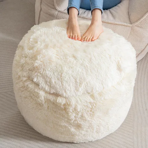 Miniatura 7 de HIGOGOGO Puf Otomano Redondo Relleno, Pufs Largos de Piel Sintética con Relleno de Trozos de Espuma, Puf Esponjoso y Peludo Reposapiés Otomano