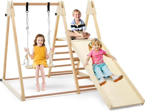 HONEY JOY Gimnasio de la selva interior para niños, gran juego de escalador 5 en 1 con columpio para bebé, rampa deslizante, escalera y pared de