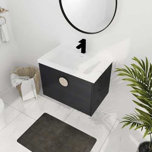 Miniatura 10 de Juego de tocador de baño de 24 pulgadas con lavabo montado en la pared, moderno juego de tocador de baño con lavabo de cerámica blanca y mango