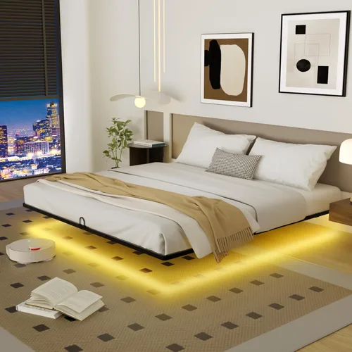 Miniatura 10 de Base de cama flotante tamaño individual, marco de cama individual con luces LED inteligentes, cama de plataforma de metal moderna y resistente