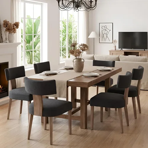 HNY Juego de 6 sillas de comedor modernas de mediados de siglo, sillas decorativas tapizadas de lino de granja, sillas de cocina con respaldo Carbón