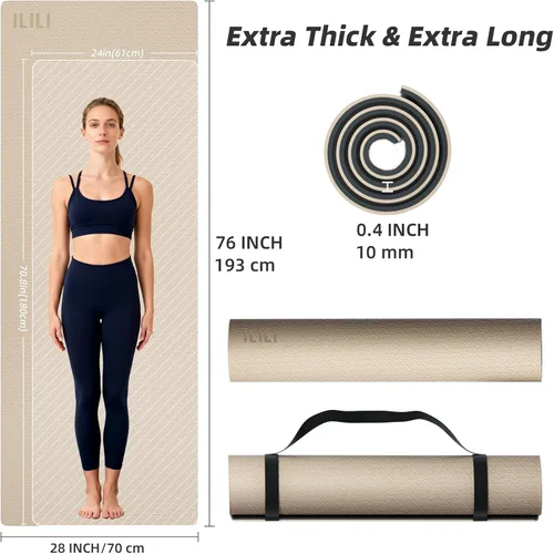 Miniatura 3 de ILILI Tapete de yoga 10mm extra grueso y 193cm extra largo, 76x28x0.4 pulgadas, material TPE antideslizante de doble color, fácil de transportar