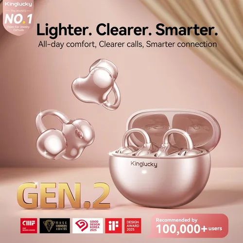 Miniatura 2 de Kinglucky Auriculares de clip mejorados, ajuste cómodo y sonido cristalino, auriculares abiertos de 50 horas de reproducción, auriculares Oro rosa