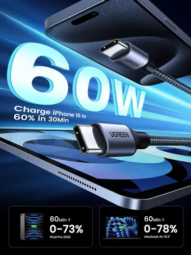 Miniatura 2 de UGREEN Cable USB C a USB C de 6 pies, 60 W, paquete de 2 cables USB C de nailon trenzado tipo C para iPhone 17/16, Galaxy S25/S24/S23, Pixel 10/9
