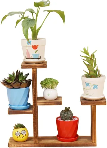 Mini soporte de madera para plantas de mesa, multicapa, conciso, para decoración de oficina en casa (color carbonizado)