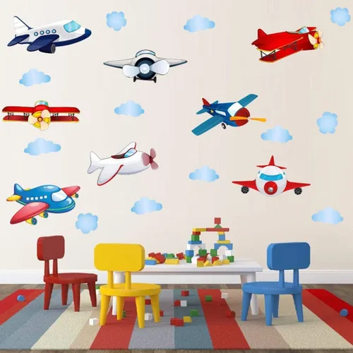 Miniatura 3 de Calcomanías de pared de avión, calcomanías de pared de acuarela para niños, guardería, sala de juegos, dormitorio, serie de aviones vintage